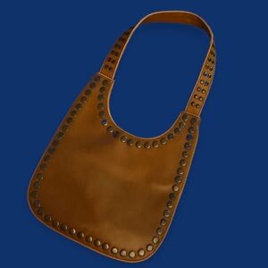 Vtg FAR NINE 1970s Tan Faux Leather Bronze Studded Thin Bag